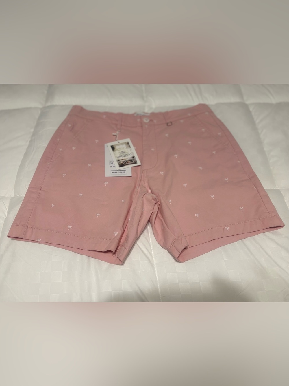 Denim & Flower Pink Men’s Flat Front Shorts with White Palm Print